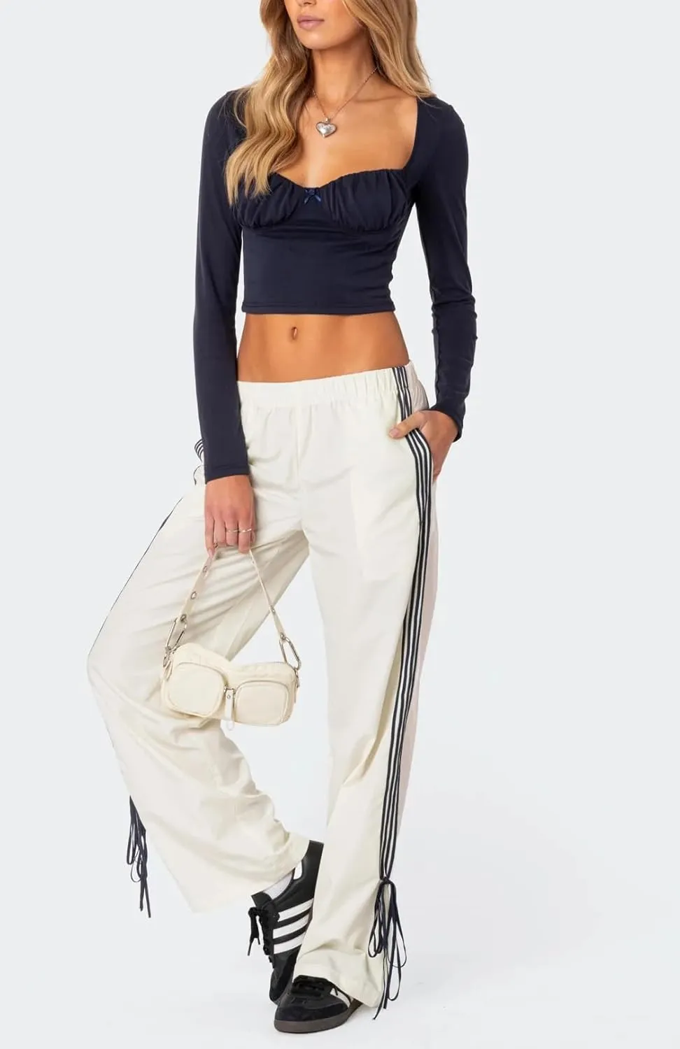 KMBANGI Women Striped Track Pants Elastic Waist Straight Leg Sweatpants Joggers Wide Leg Side Stripes Pants with Pockets
