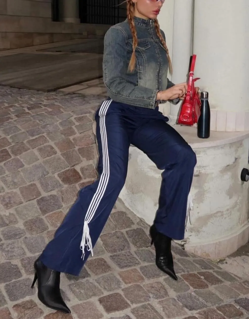 KMBANGI Women Striped Track Pants Elastic Waist Straight Leg Sweatpants Joggers Wide Leg Side Stripes Pants with Pockets