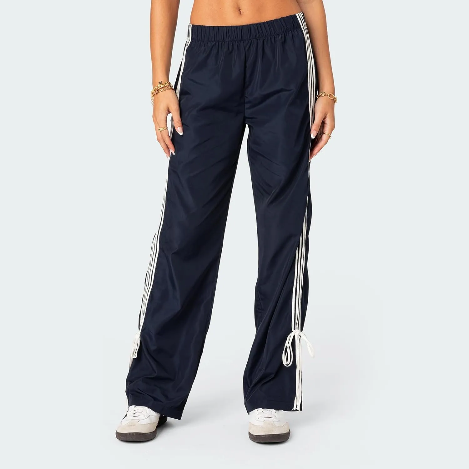 KMBANGI Women Striped Track Pants Elastic Waist Straight Leg Sweatpants Joggers Wide Leg Side Stripes Pants with Pockets