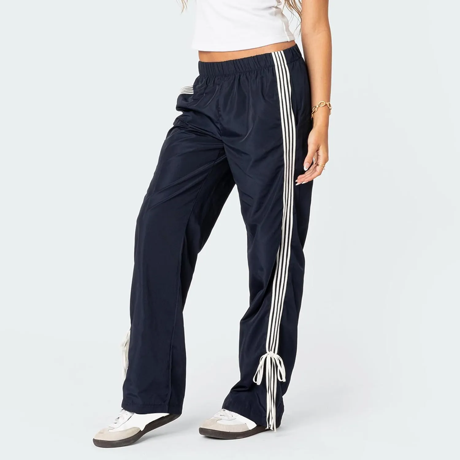 KMBANGI Women Striped Track Pants Elastic Waist Straight Leg Sweatpants Joggers Wide Leg Side Stripes Pants with Pockets