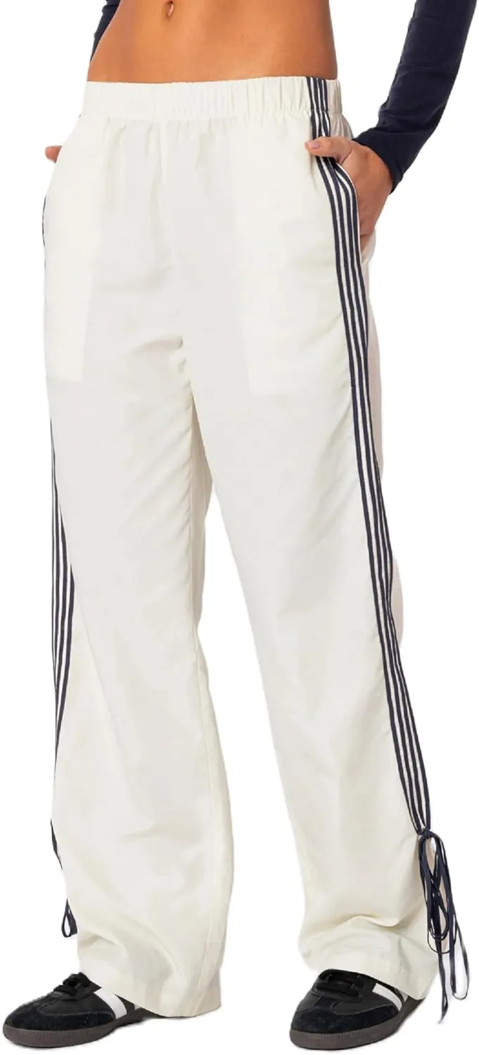 KMBANGI Women Striped Track Pants Elastic Waist Straight Leg Sweatpants Joggers Wide Leg Side Stripes Pants with Pockets