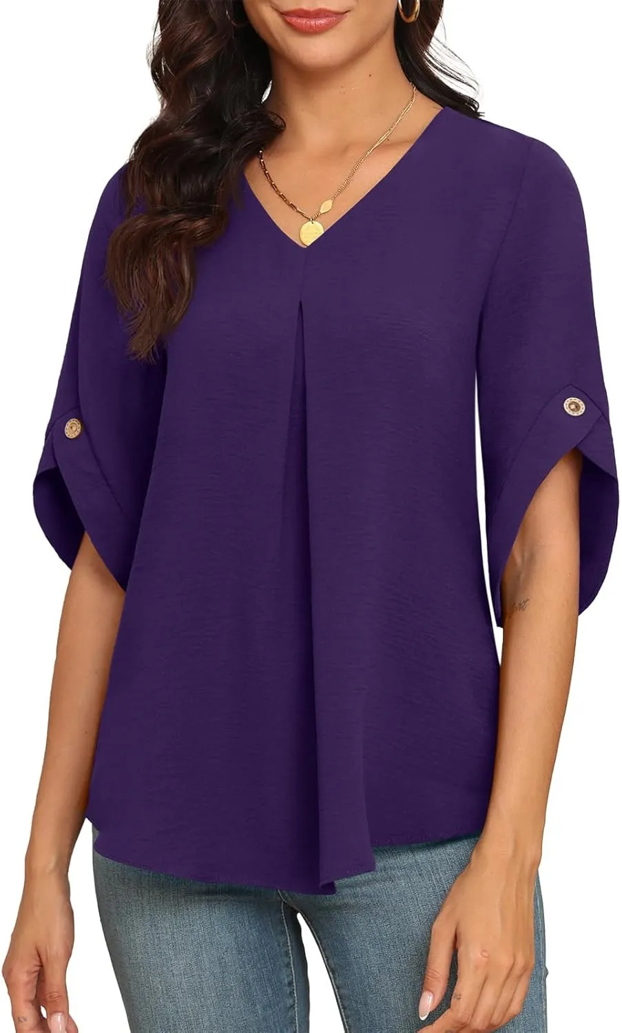 LAOLASI Womens Summer Chiffon Blouses Bell Short Sleeve V Neck Casual Dressy Work Tops for Leggings 2025 Loose Flowy Tshirts