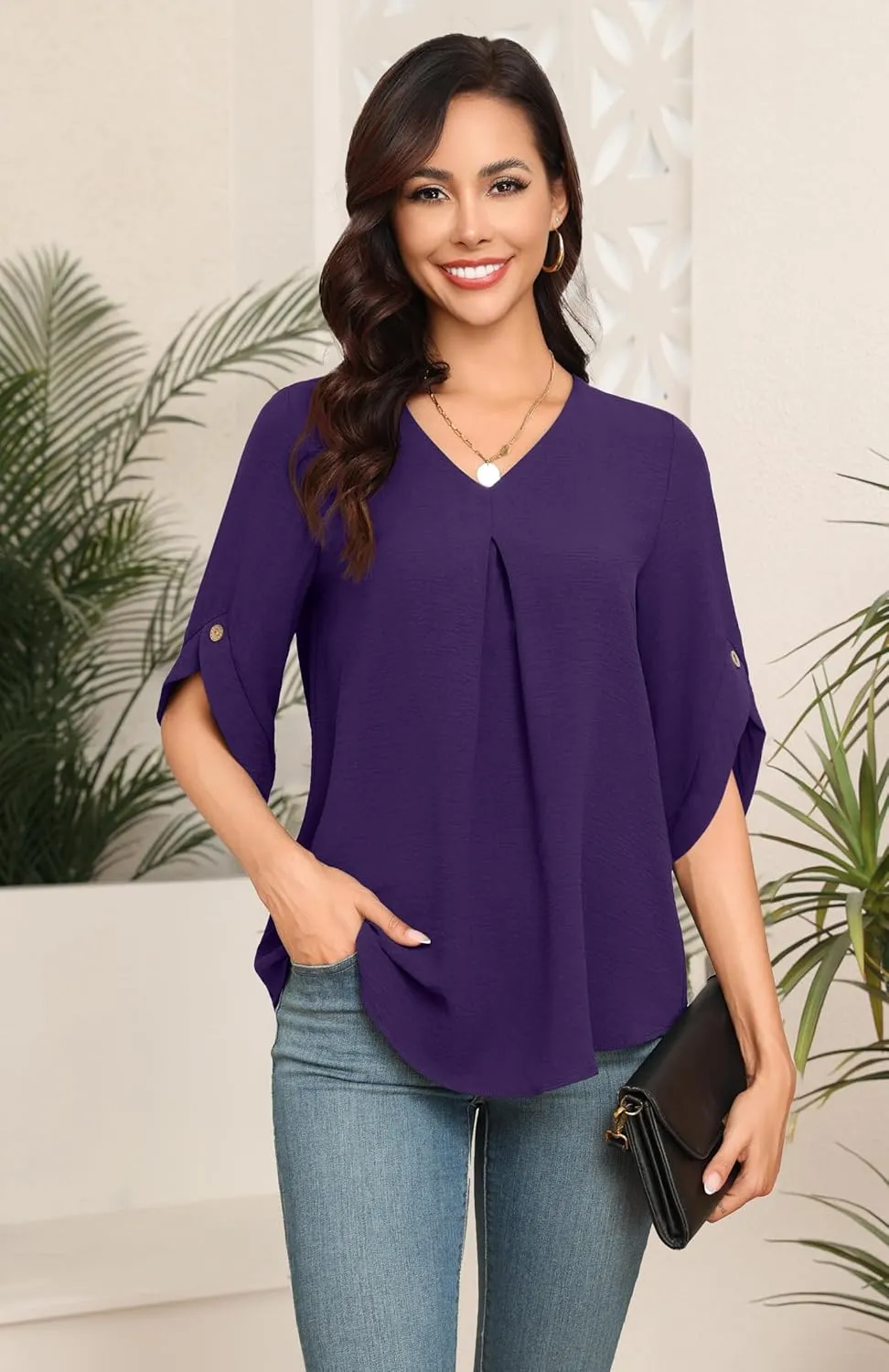 LAOLASI Womens Summer Chiffon Blouses Bell Short Sleeve V Neck Casual Dressy Work Tops for Leggings 2025 Loose Flowy Tshirts