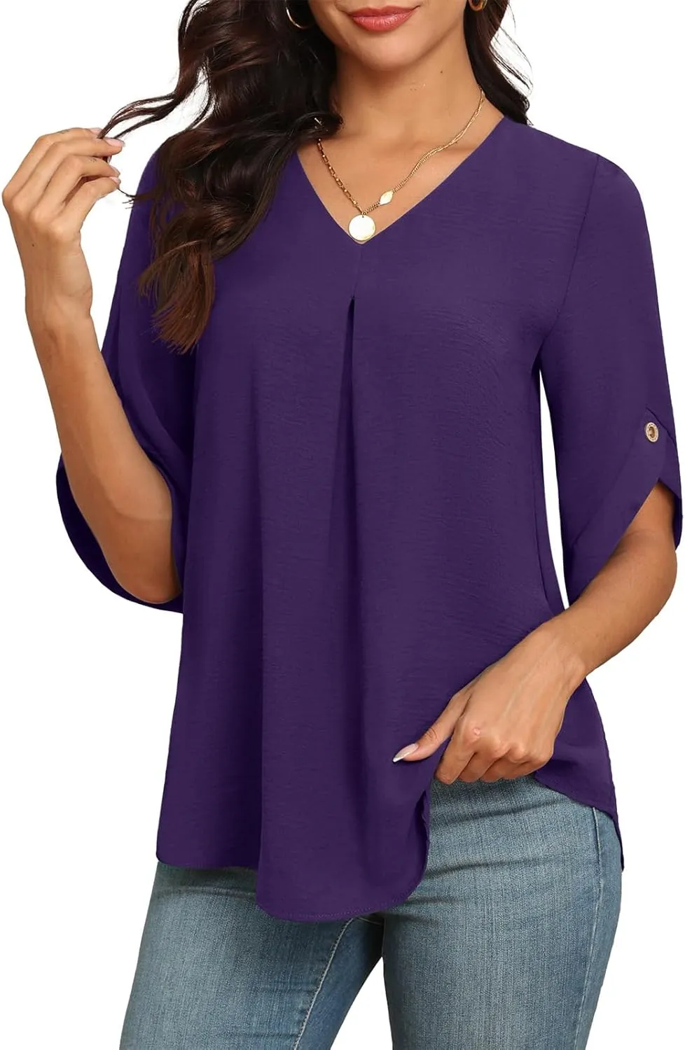 LAOLASI Womens Summer Chiffon Blouses Bell Short Sleeve V Neck Casual Dressy Work Tops for Leggings 2025 Loose Flowy Tshirts