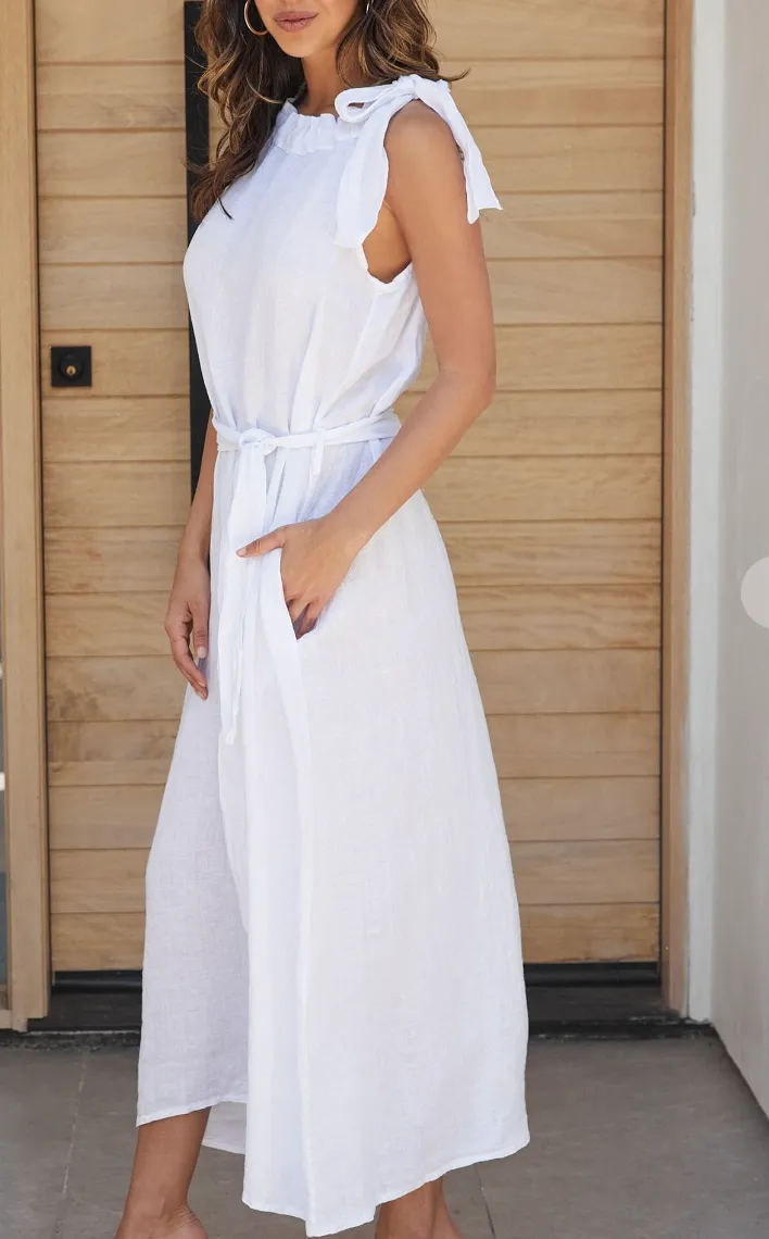 Linen Maxi w High Neck Sash/Pockets