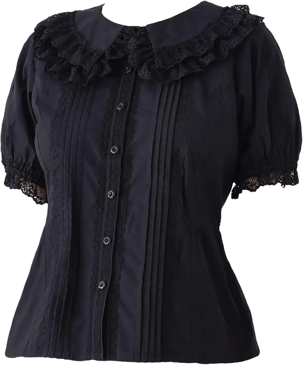Lolita Short Sleeve Blouses Women Peter Pan Collar Victorian Shirt Vintage Kawaii Lace Frilly Tops Trendy Summer