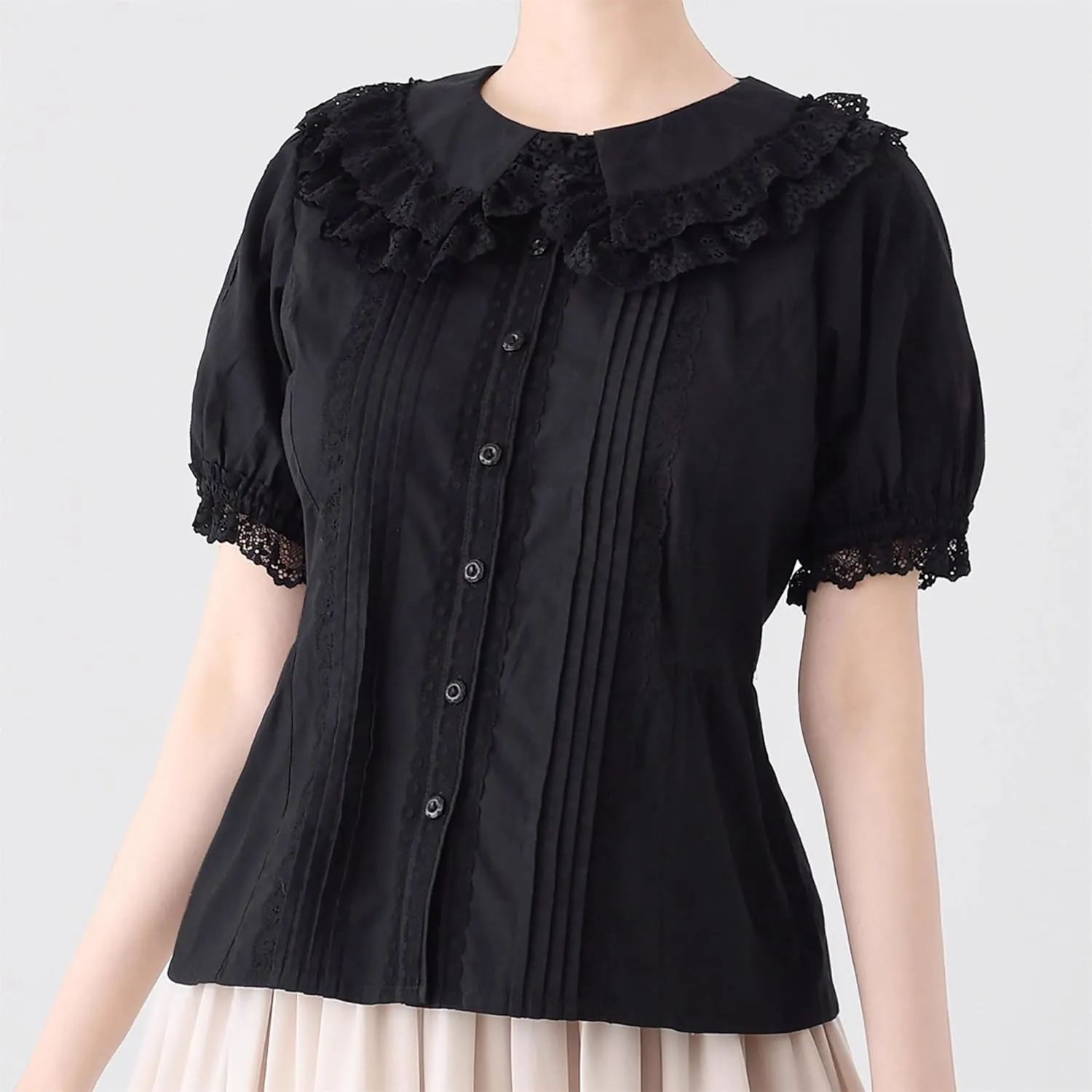 Lolita Short Sleeve Blouses Women Peter Pan Collar Victorian Shirt Vintage Kawaii Lace Frilly Tops Trendy Summer