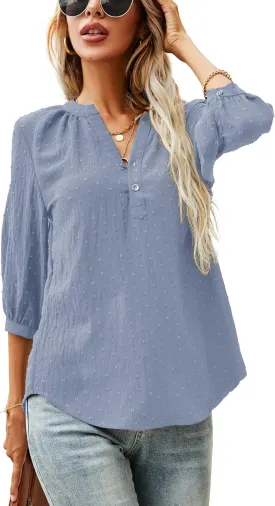 LOMON Women's Casual 3/4 Sleeve Henley V-Neck Button Up Pleated Back Blouses Swiss Dot Blouse Tops T-Shirts S-XXL