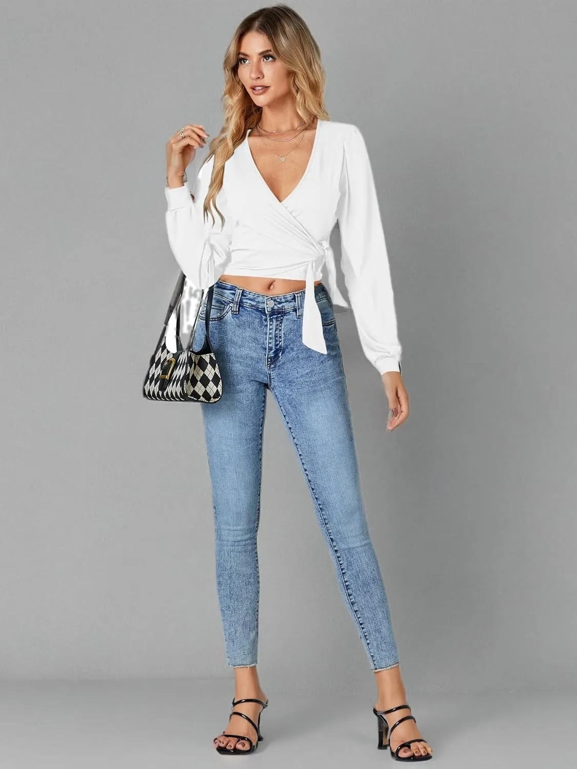LYANER Women's Wrap V Neck Self Tie Knot Bishop Long Sleeve Ribbed Knit Crop Blouse T-Shirt Top