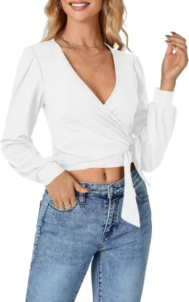 LYANER Women's Wrap V Neck Self Tie Knot Bishop Long Sleeve Ribbed Knit Crop Blouse T-Shirt Top