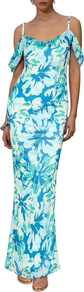 MASCOMODA Spaghetti Strap Long Maxi Dresses for Women 2025 Summer Floral Sexy Bodycon Backless Formal Wedding Guest Dress
