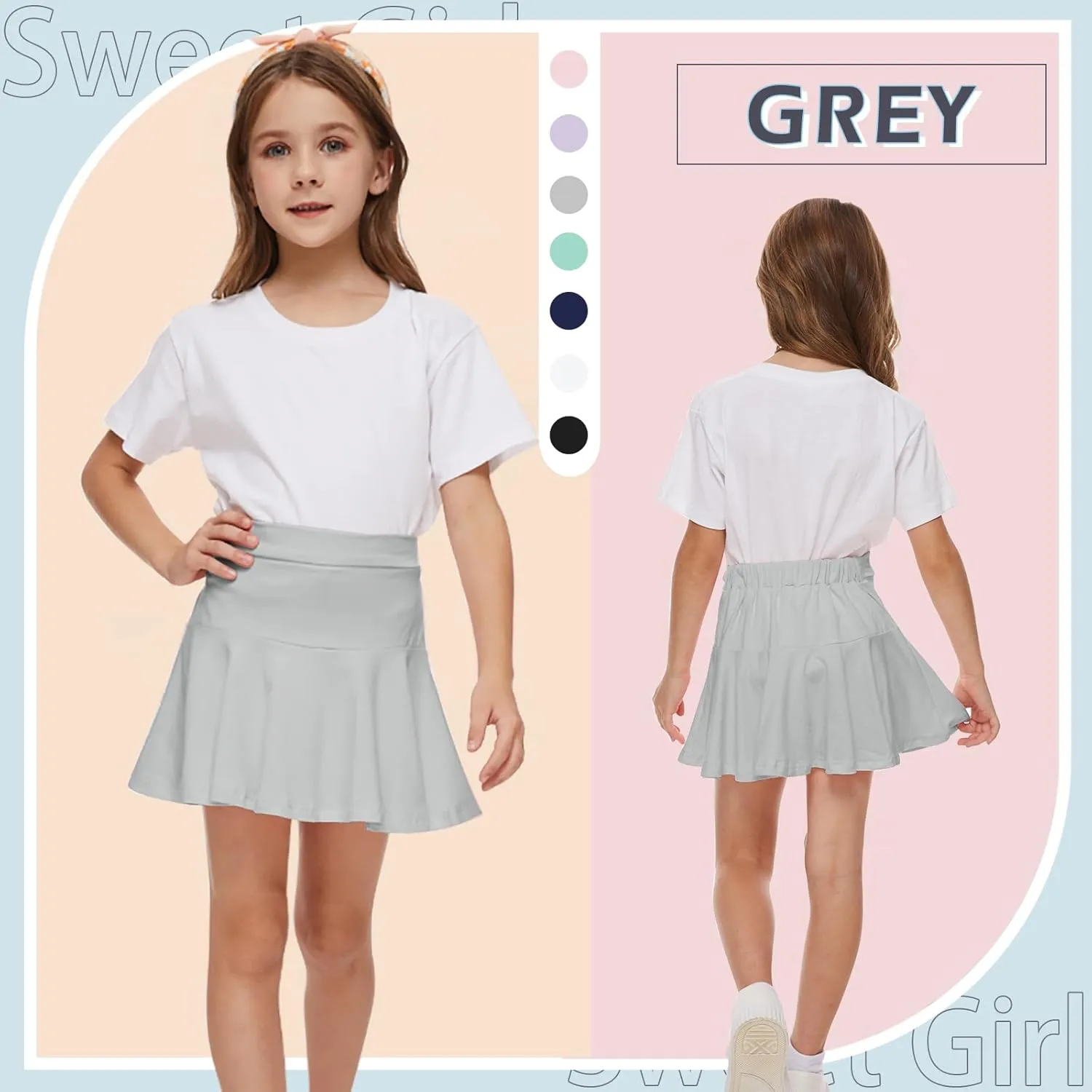Neutocd Toddler Little Girls Skirts Skorts Elastic Flared Plain Pleated Tennis Skater Skirts for Girls Kids Built in Shorts