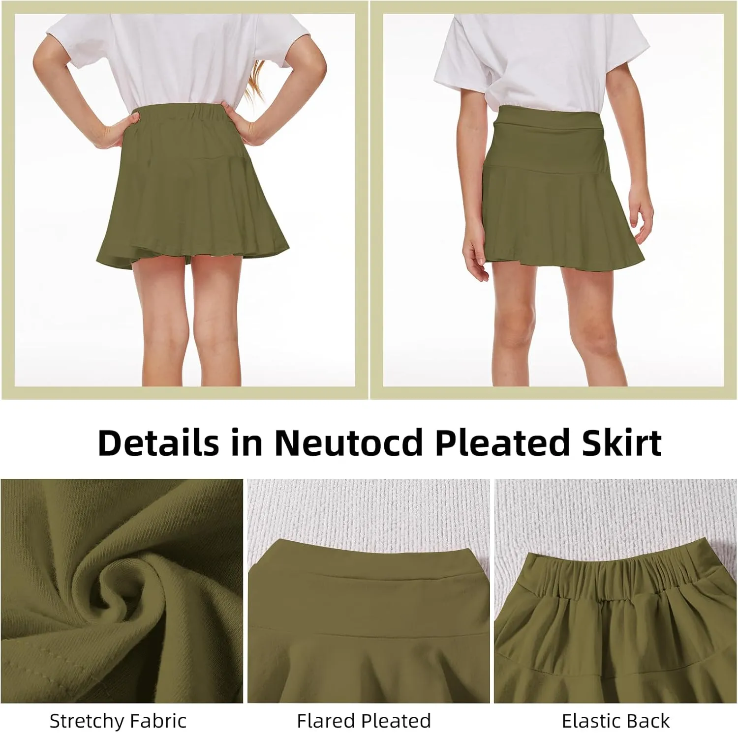 Neutocd Toddler Little Girls Skirts Skorts Elastic Flared Plain Pleated Tennis Skater Skirts for Girls Kids Built in Shorts