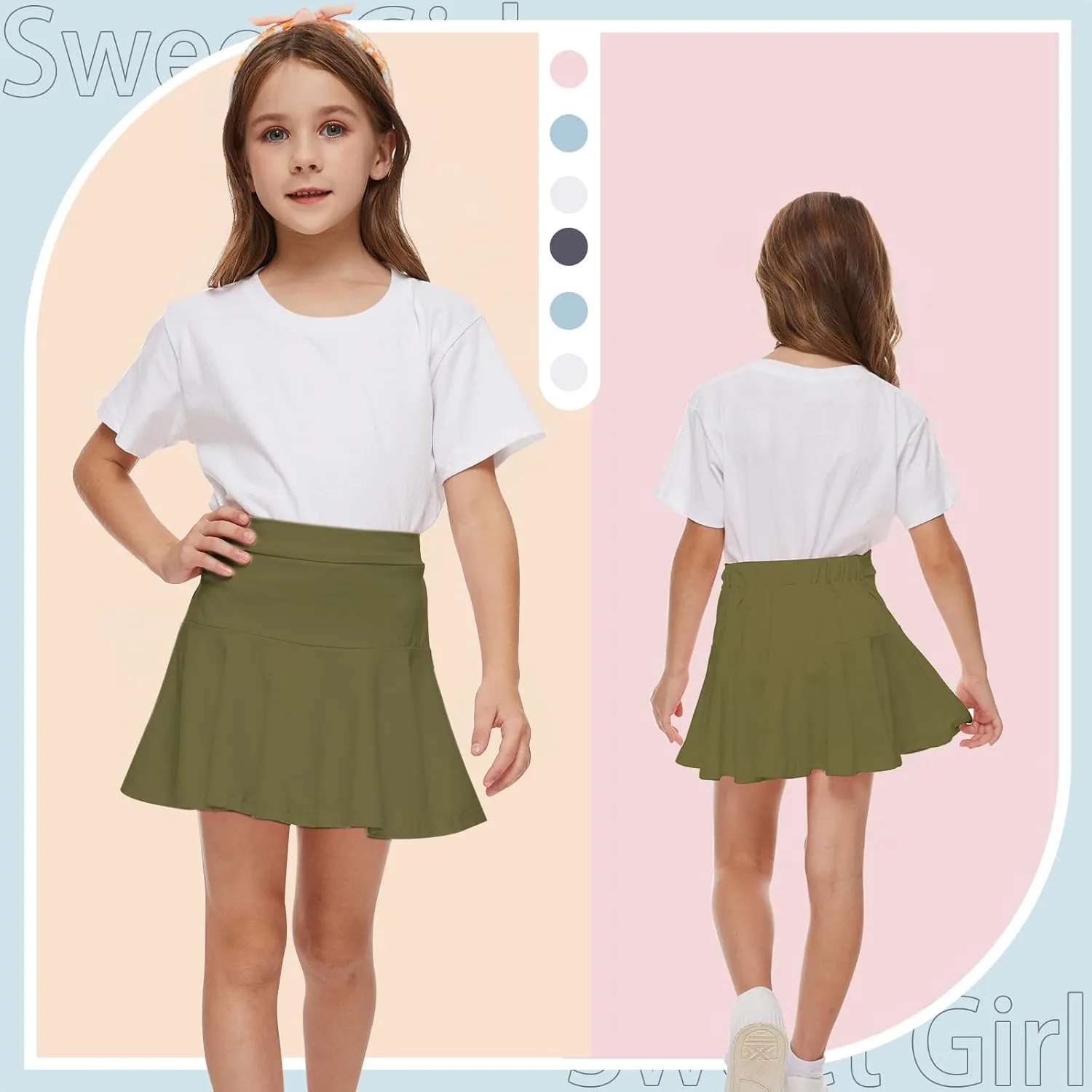 Neutocd Toddler Little Girls Skirts Skorts Elastic Flared Plain Pleated Tennis Skater Skirts for Girls Kids Built in Shorts