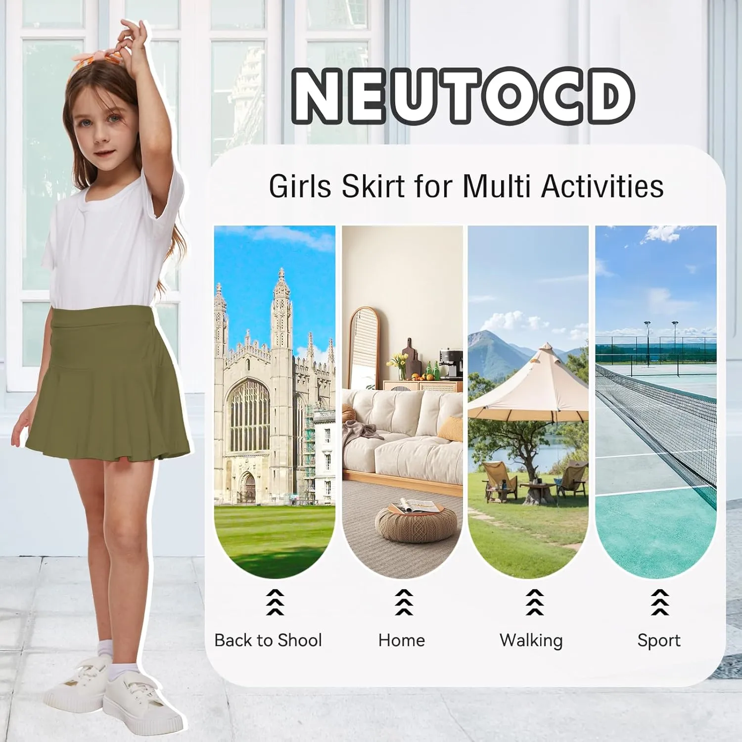 Neutocd Toddler Little Girls Skirts Skorts Elastic Flared Plain Pleated Tennis Skater Skirts for Girls Kids Built in Shorts