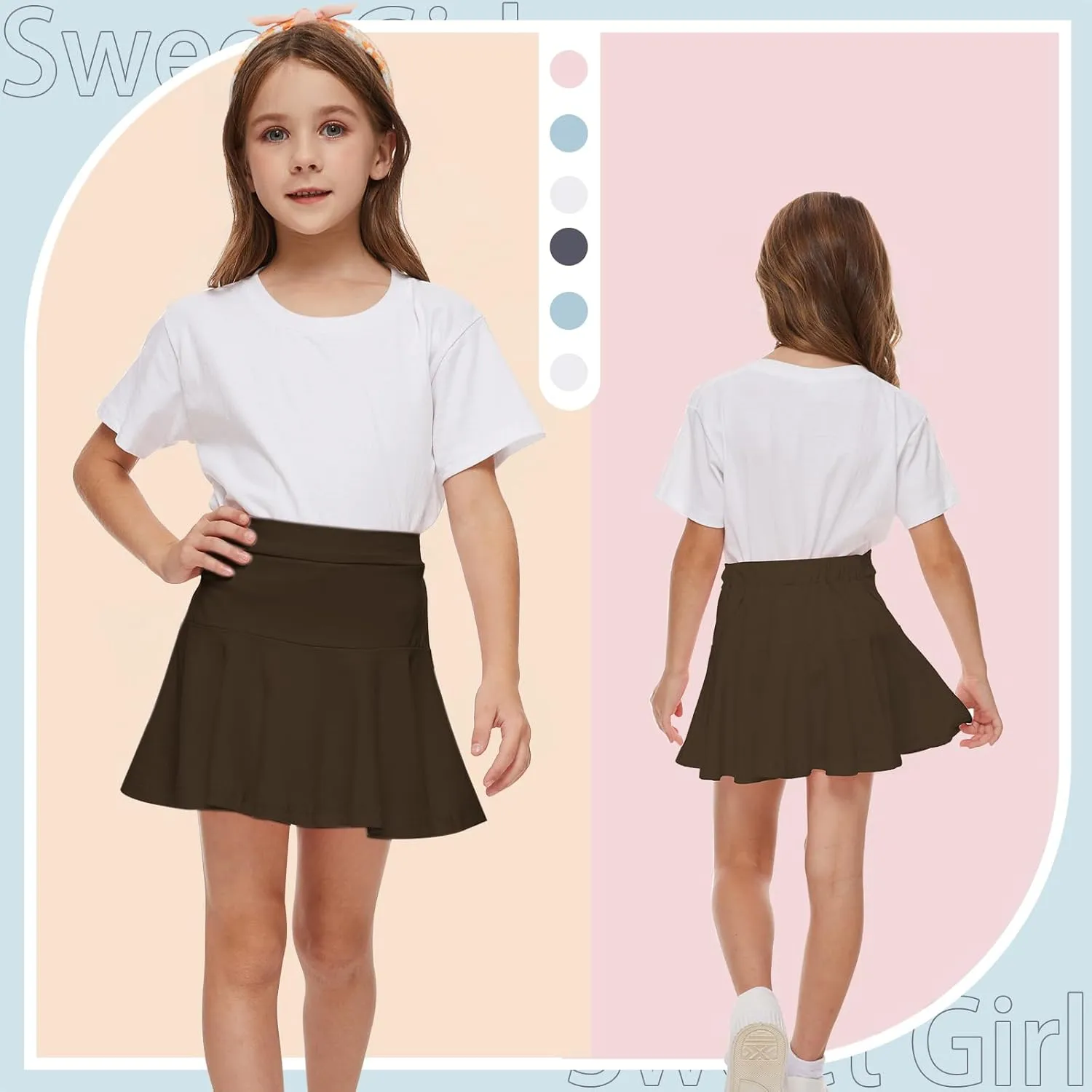 Neutocd Toddler Little Girls Skirts Skorts Elastic Flared Plain Pleated Tennis Skater Skirts for Girls Kids Built in Shorts