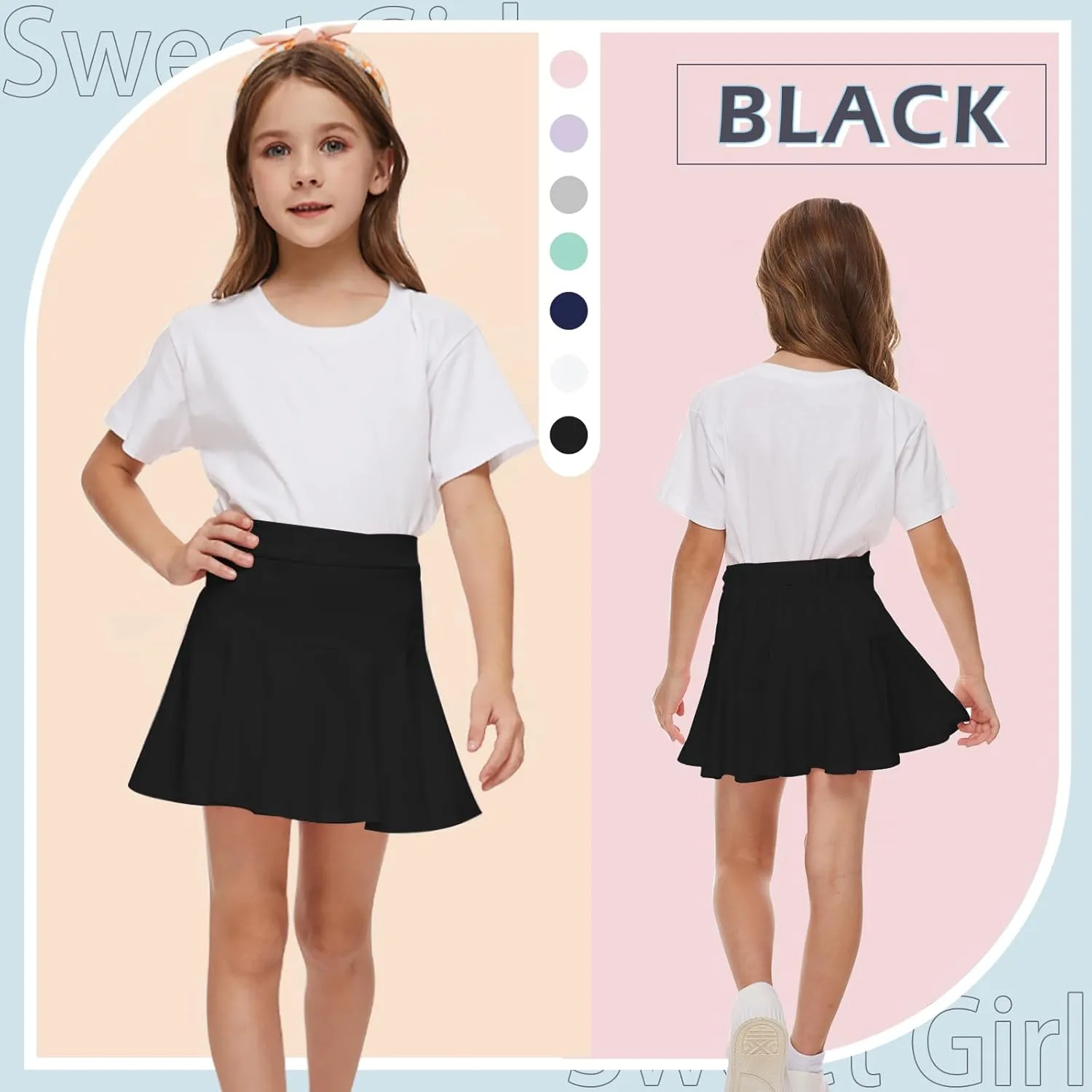 Neutocd Toddler Little Girls Skirts Skorts Elastic Flared Plain Pleated Tennis Skater Skirts for Girls Kids Built in Shorts
