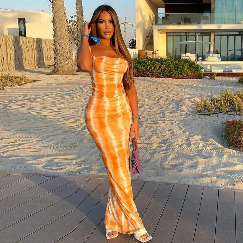 Orange Tie-Dye Bodycon Maxi Dress