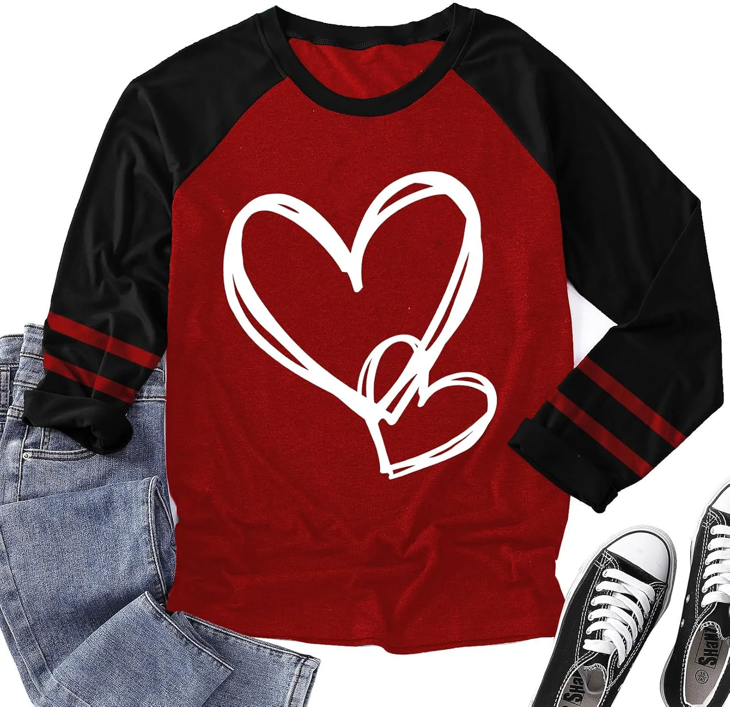 Plus Size Valentines Shirt for Women Cute Love Heart Graphic T-Shirt Long Sleeve Shirts for Her