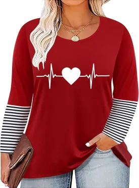 Plus Size Valentines Shirt for Women Cute Love Heart Graphic T-Shirt Long Sleeve Shirts for Her