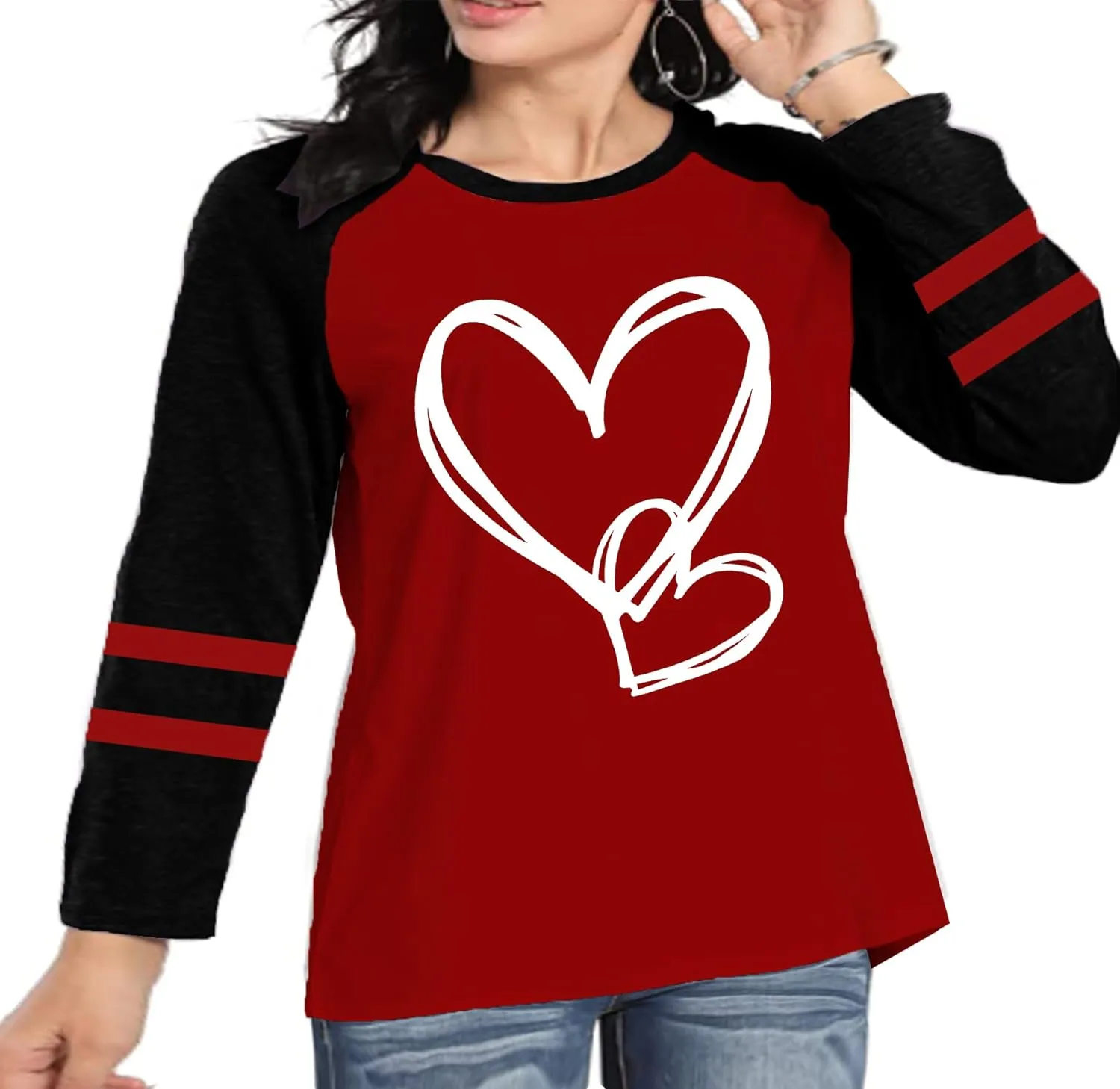 Plus Size Valentines Shirt for Women Cute Love Heart Graphic T-Shirt Long Sleeve Shirts for Her