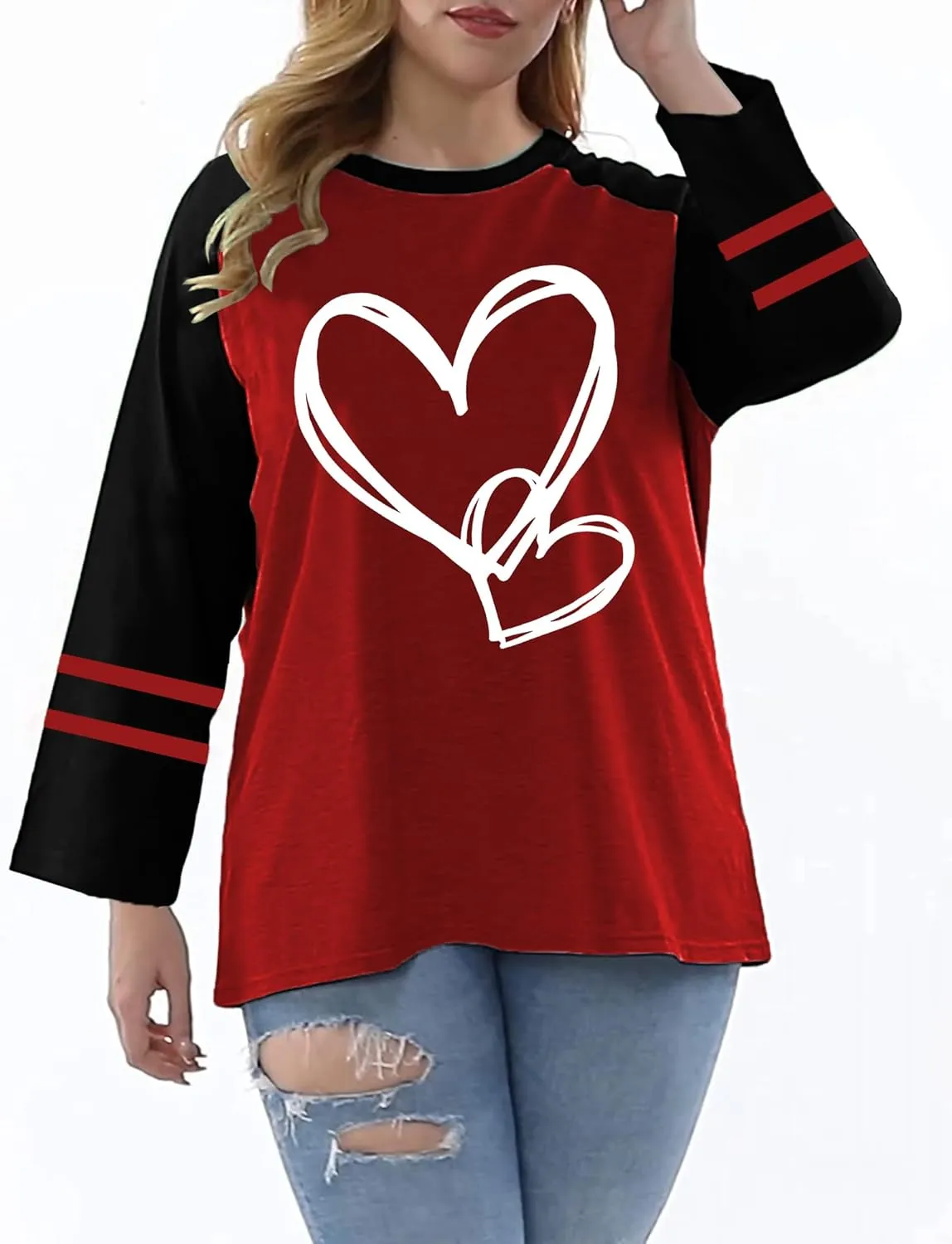 Plus Size Valentines Shirt for Women Cute Love Heart Graphic T-Shirt Long Sleeve Shirts for Her