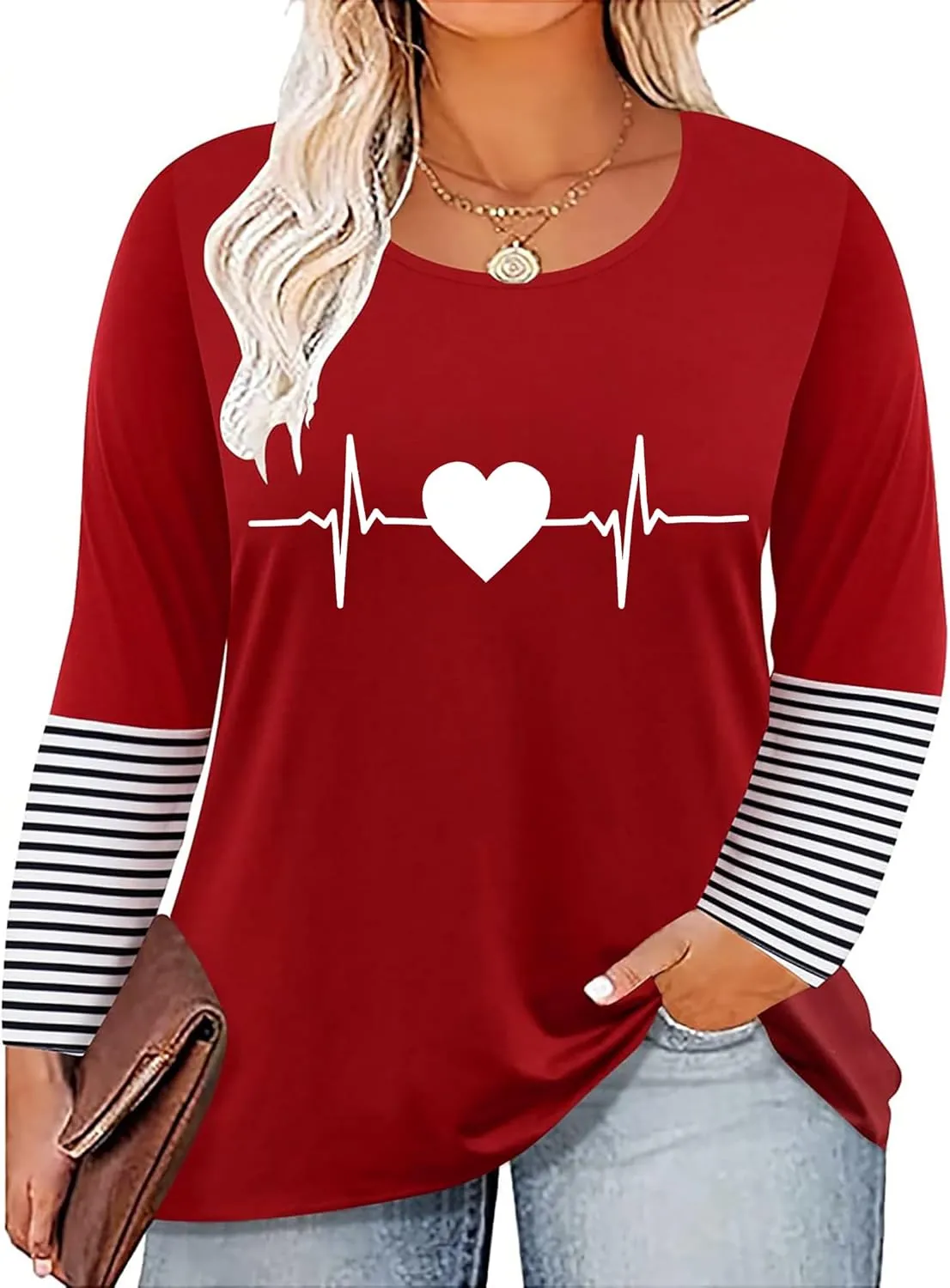 Plus Size Valentines Shirt for Women Cute Love Heart Graphic T-Shirt Long Sleeve Shirts for Her