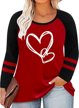 Plus Size Valentines Shirt for Women Cute Love Heart Graphic T-Shirt Long Sleeve Shirts for Her