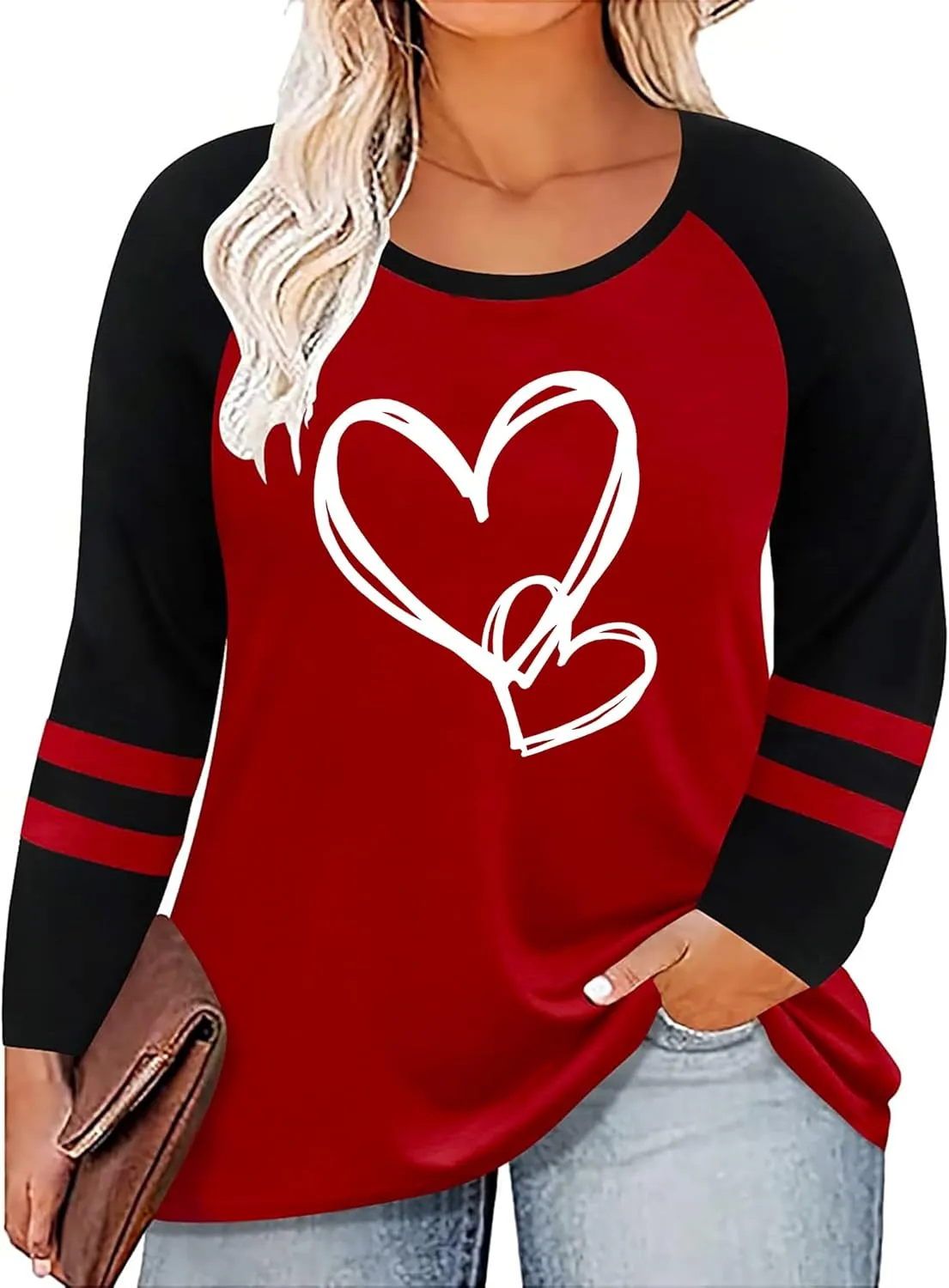 Plus Size Valentines Shirt for Women Cute Love Heart Graphic T-Shirt Long Sleeve Shirts for Her