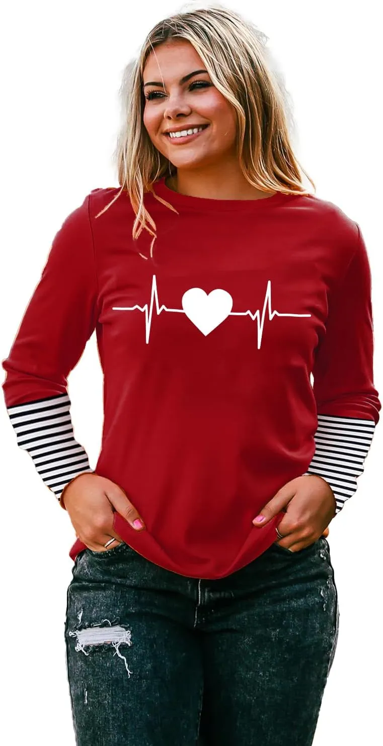Plus Size Valentines Shirt for Women Cute Love Heart Graphic T-Shirt Long Sleeve Shirts for Her