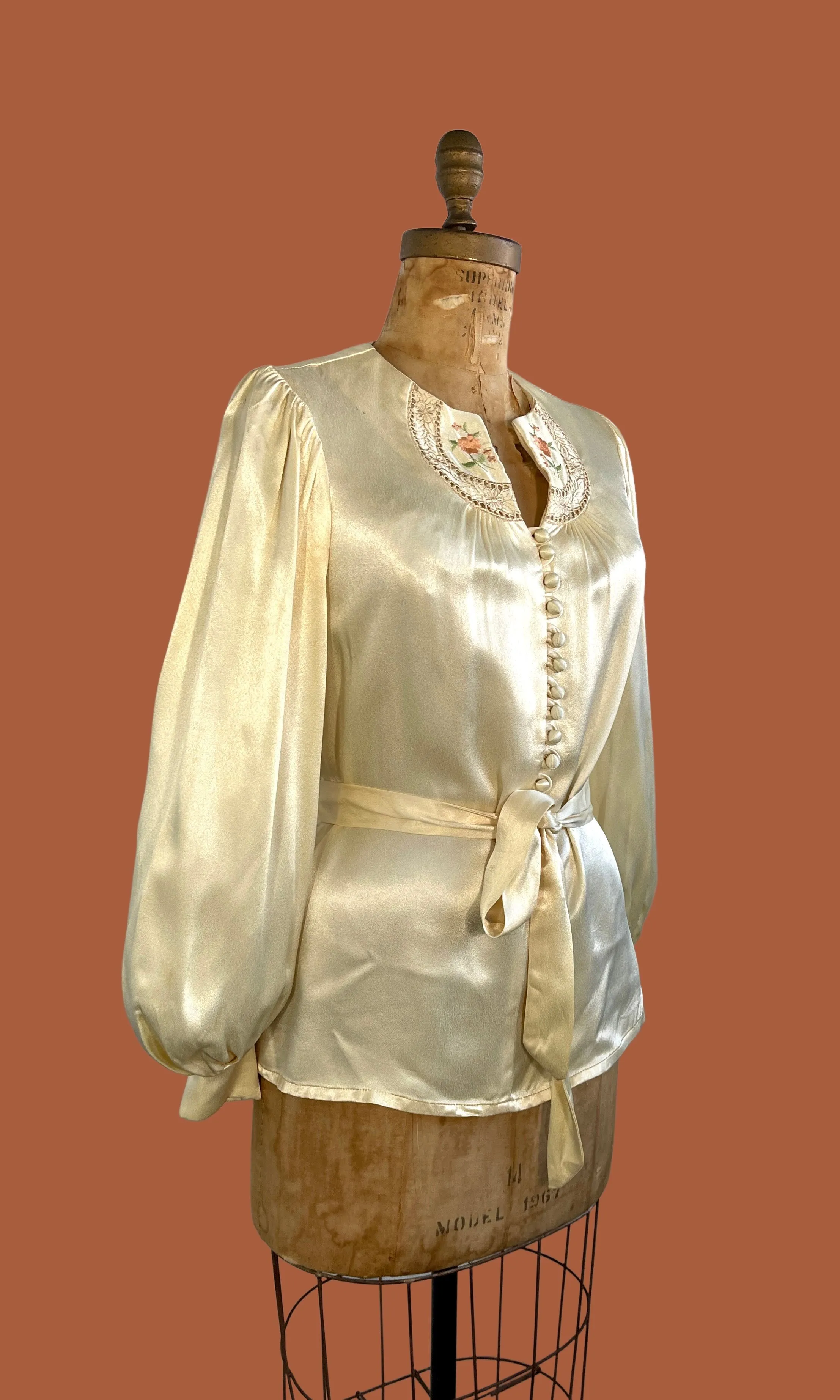 POLISHED BOHEMIAN 70s Sateen Embroidered Blouse with Bishop Sleeves, Medium