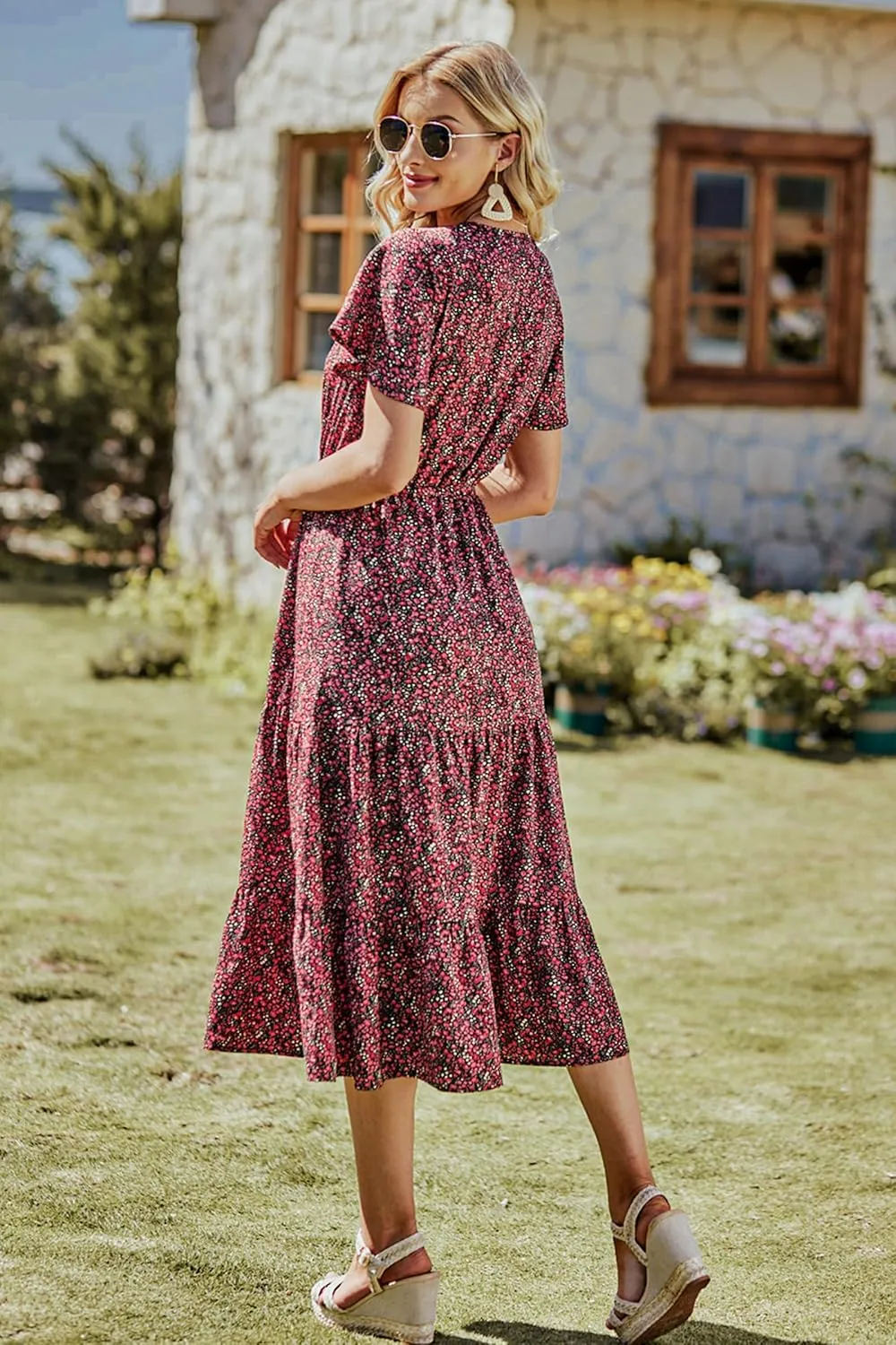 PRETTYGARDEN Summer Floral Dress for Women 2025 Casual Boho Short Sleeve Maxi Dresses V Neck Tiered Flowy Beach Sundress