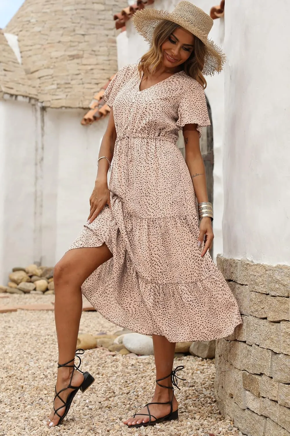 PRETTYGARDEN Summer Floral Dress for Women 2025 Casual Boho Short Sleeve Maxi Dresses V Neck Tiered Flowy Beach Sundress