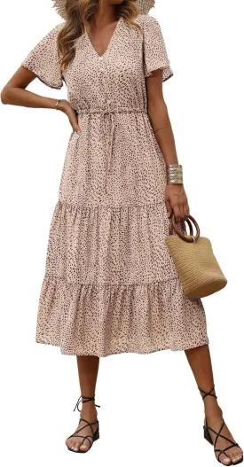 PRETTYGARDEN Summer Floral Dress for Women 2025 Casual Boho Short Sleeve Maxi Dresses V Neck Tiered Flowy Beach Sundress