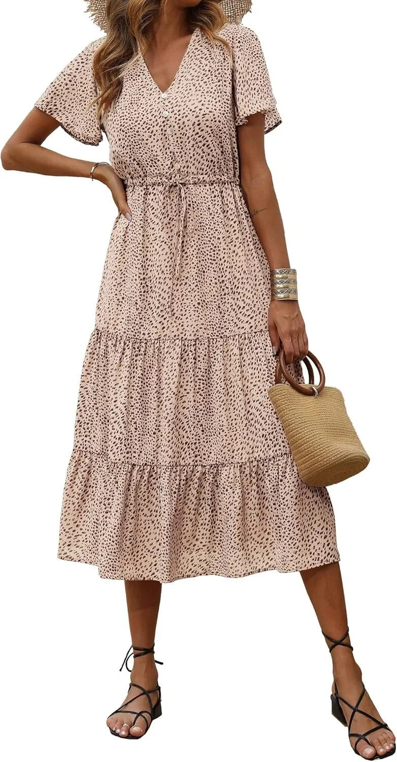 PRETTYGARDEN Summer Floral Dress for Women 2025 Casual Boho Short Sleeve Maxi Dresses V Neck Tiered Flowy Beach Sundress