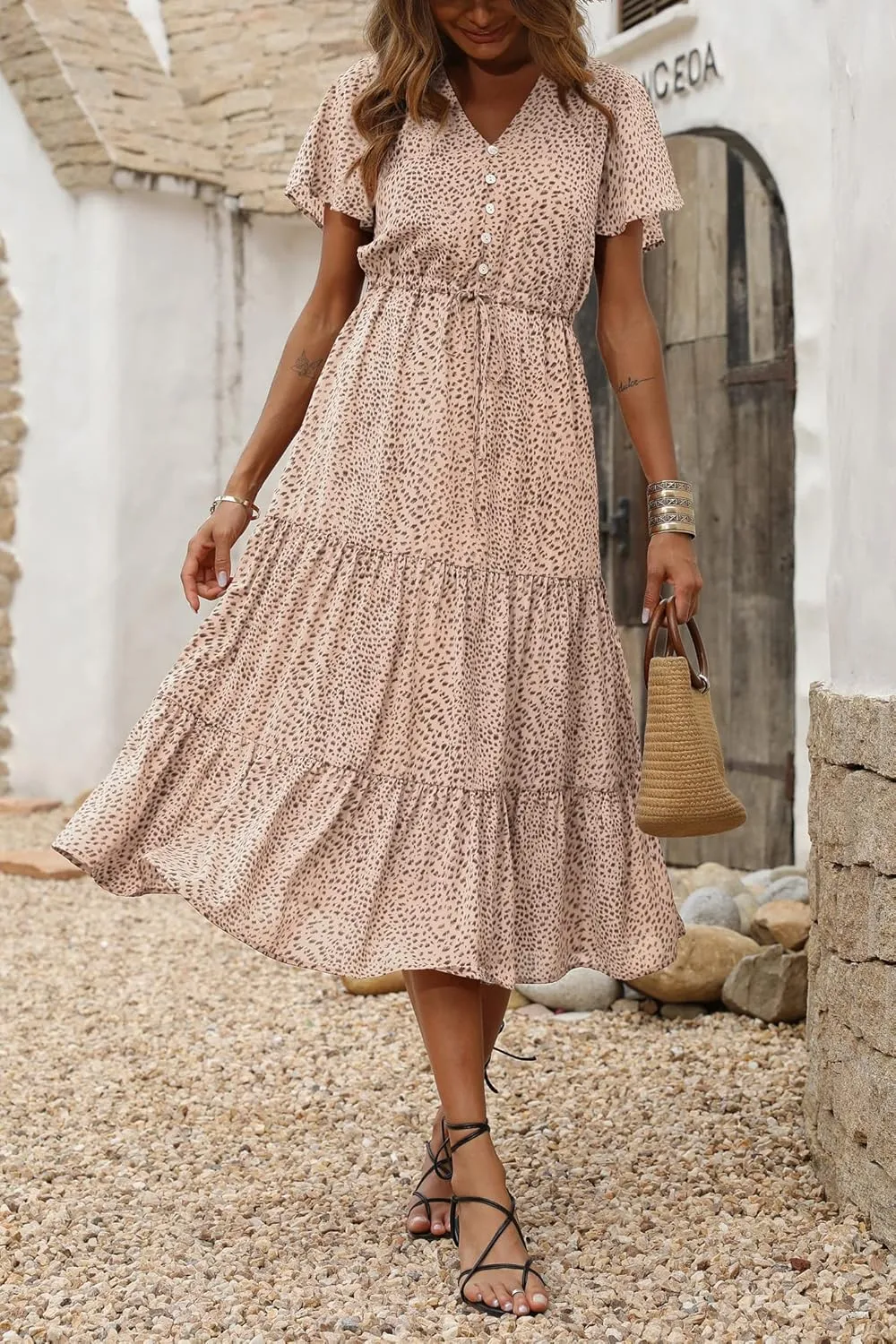 PRETTYGARDEN Summer Floral Dress for Women 2025 Casual Boho Short Sleeve Maxi Dresses V Neck Tiered Flowy Beach Sundress