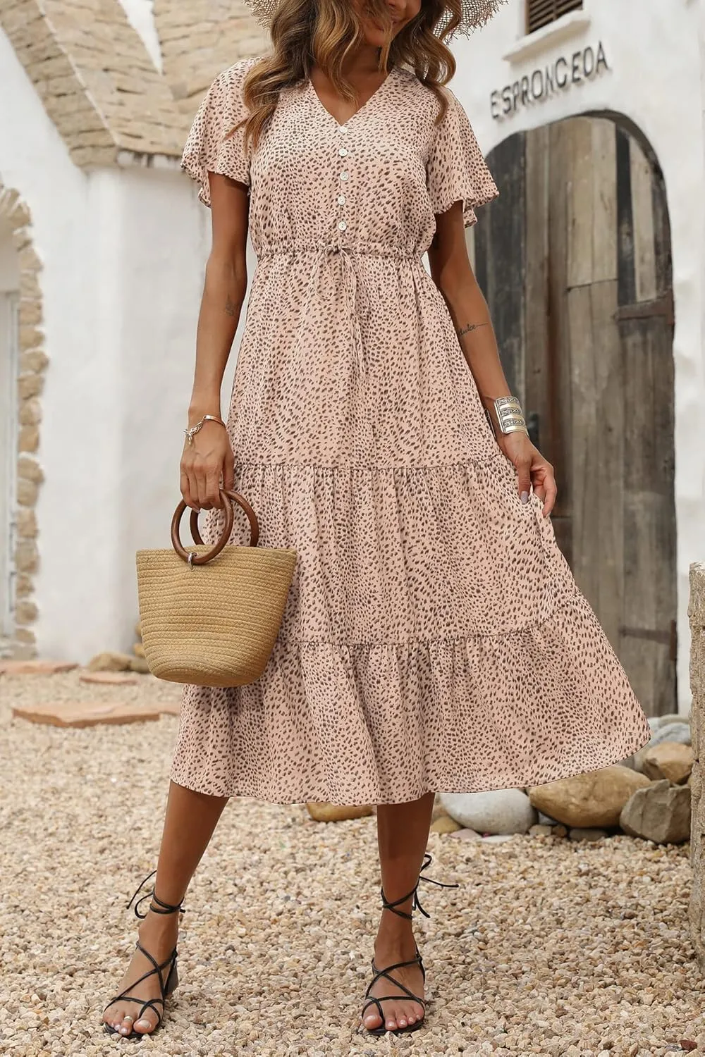 PRETTYGARDEN Summer Floral Dress for Women 2025 Casual Boho Short Sleeve Maxi Dresses V Neck Tiered Flowy Beach Sundress