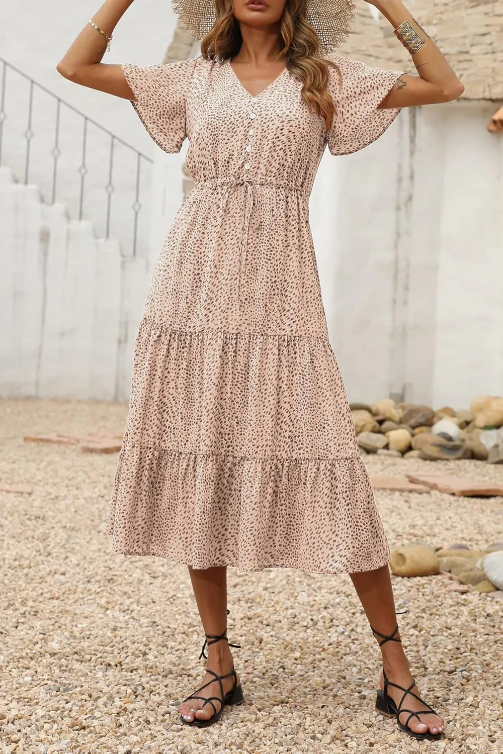 PRETTYGARDEN Summer Floral Dress for Women 2025 Casual Boho Short Sleeve Maxi Dresses V Neck Tiered Flowy Beach Sundress