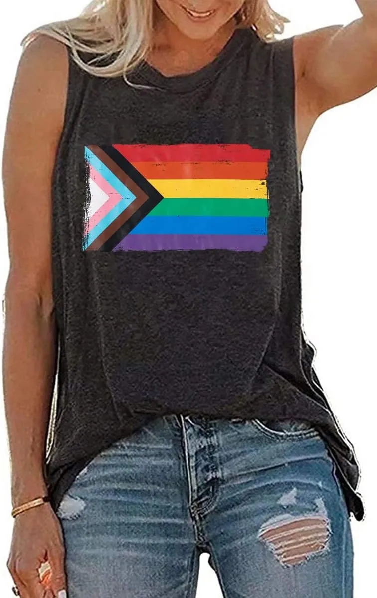Pride Shirts Women Progress Rainbow Flag Tank Tops LGBTQ Equality Tank Sleeveless Graphic Tee Shirt