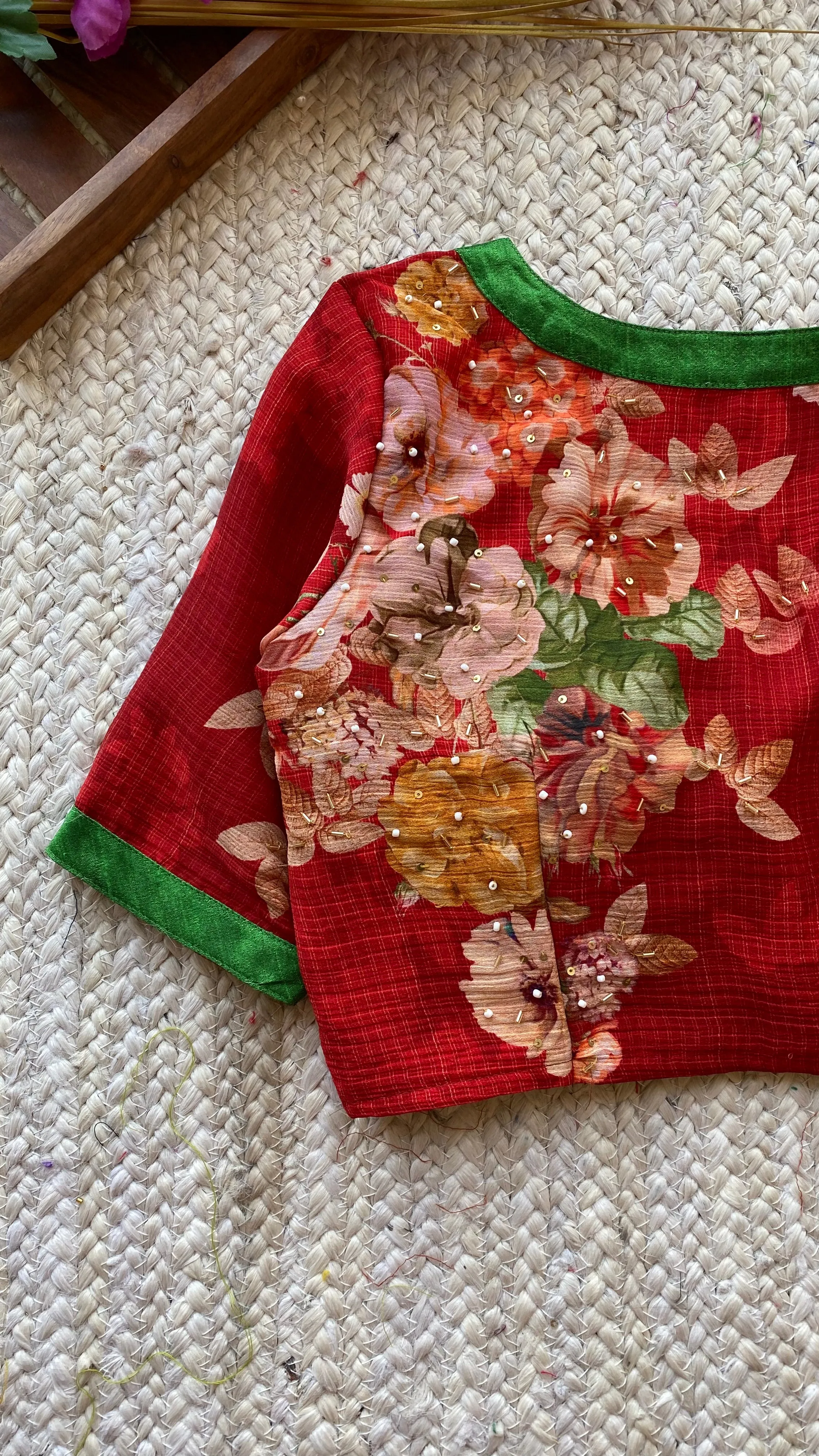 Red soft georgette hand embroidered blouse