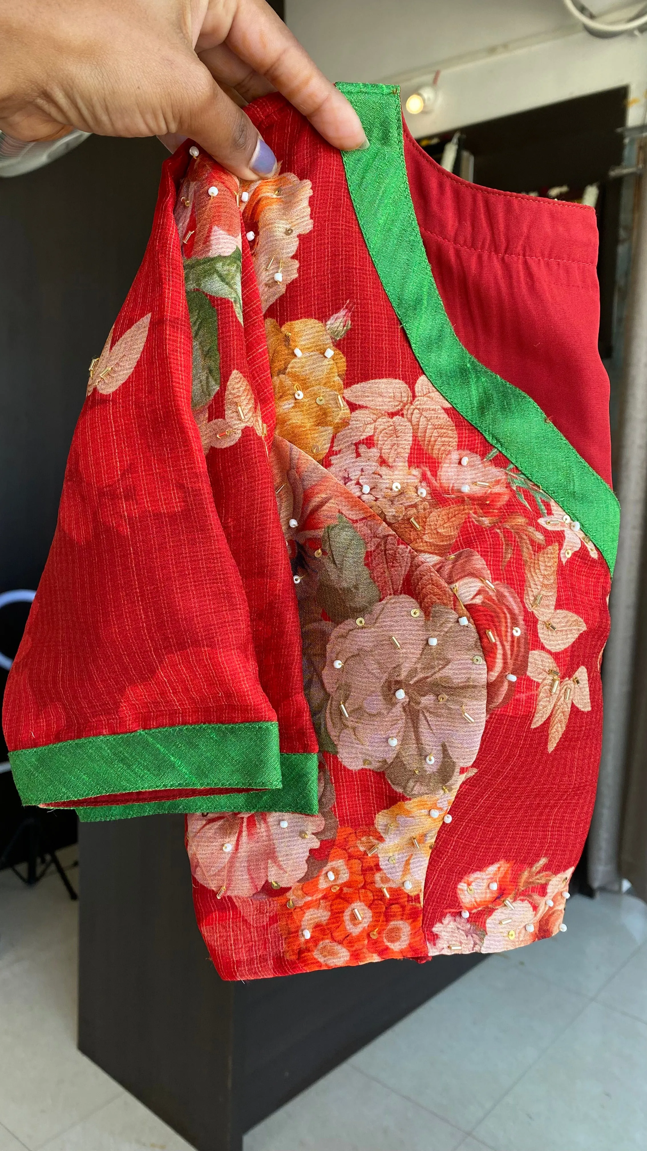 Red soft georgette hand embroidered blouse