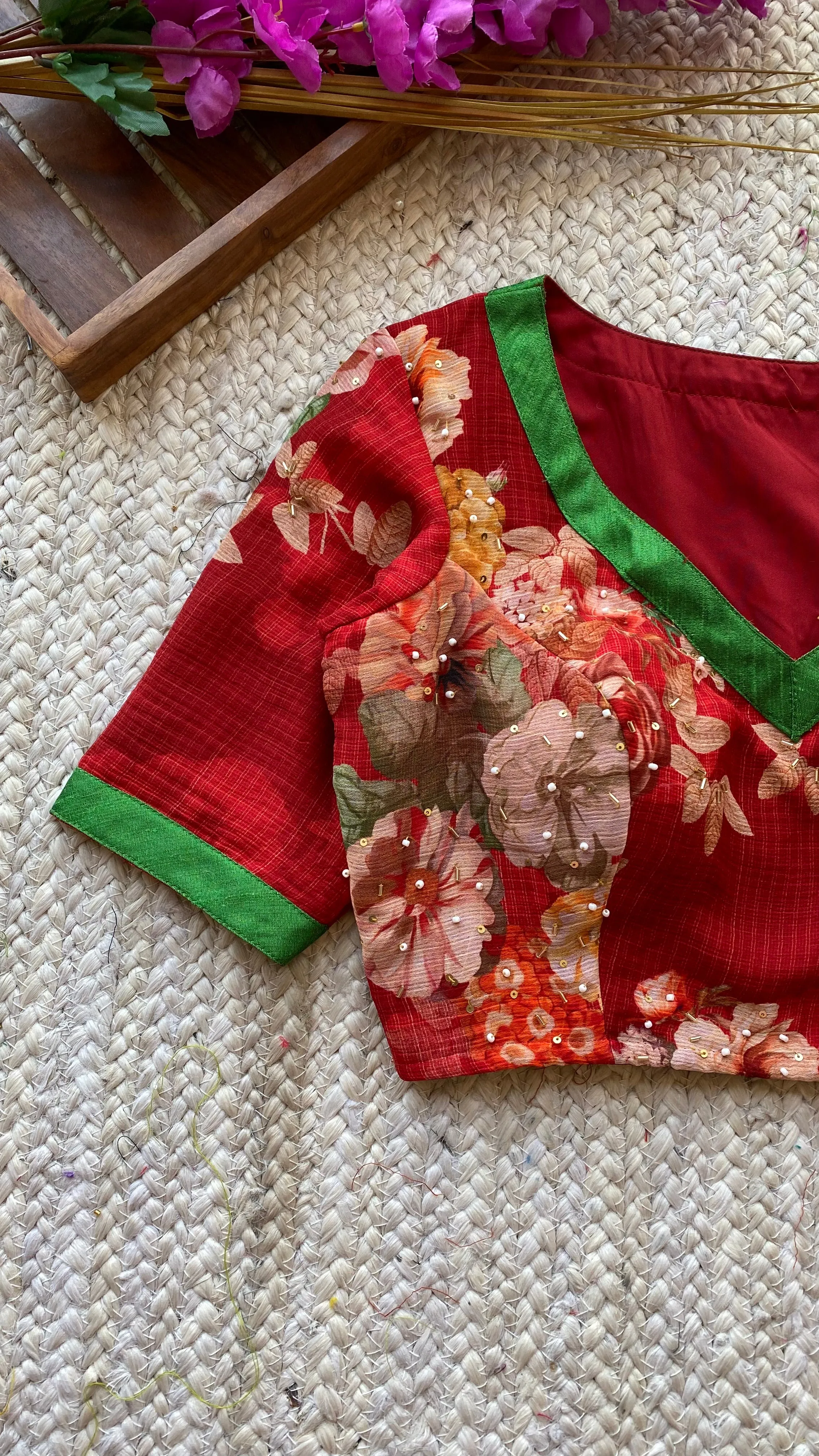 Red soft georgette hand embroidered blouse