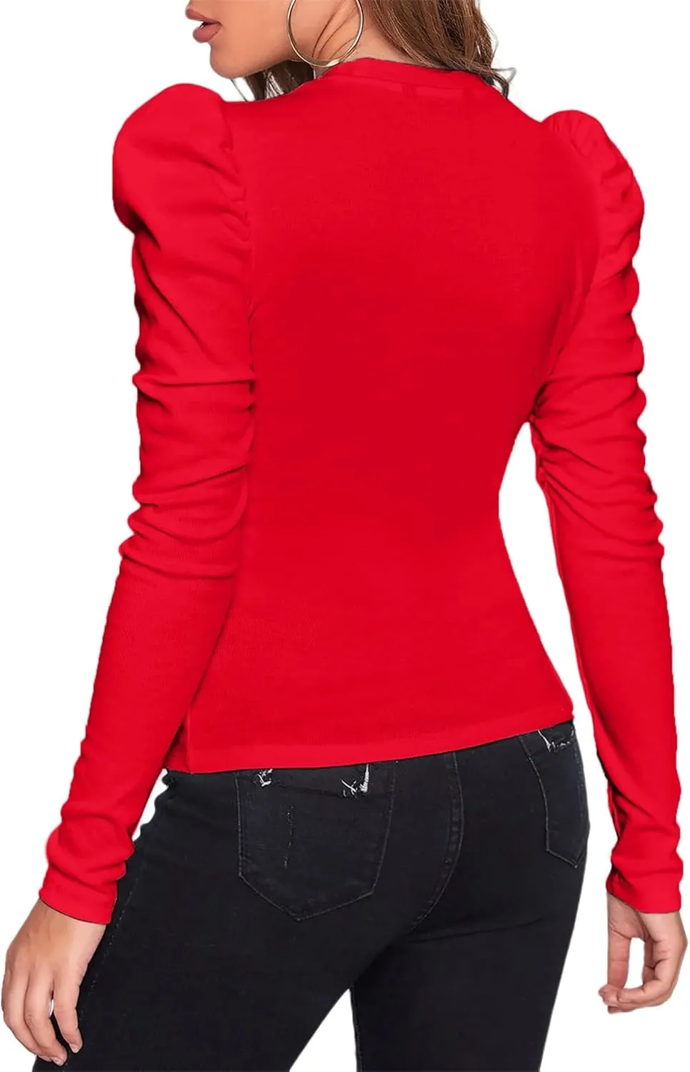 Remidoo Women's Solid Round Neck Puff Long Sleeve Slim Fit T Shirt Tops