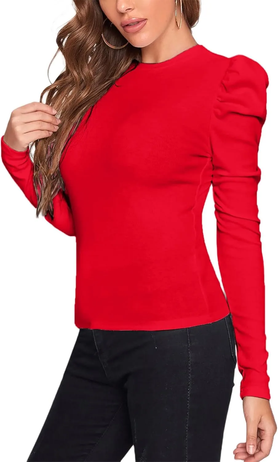 Remidoo Women's Solid Round Neck Puff Long Sleeve Slim Fit T Shirt Tops