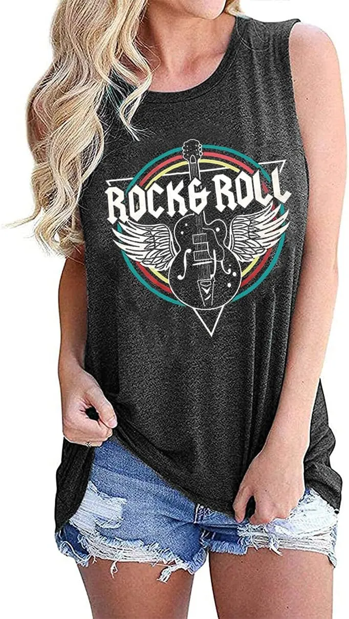 Rock & Roll Tank Top for Women Vintage Country Music Shirts Rock Concert Band Tees Summer Sleeveless Graphic Tops