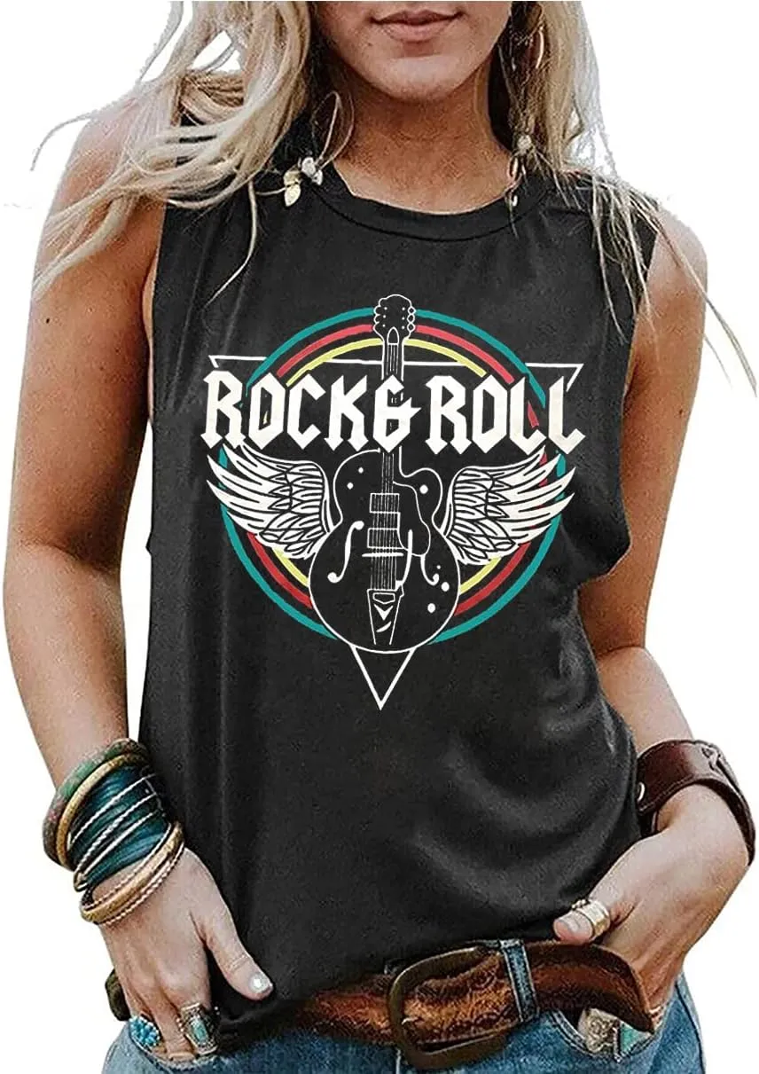 Rock & Roll Tank Top for Women Vintage Country Music Shirts Rock Concert Band Tees Summer Sleeveless Graphic Tops
