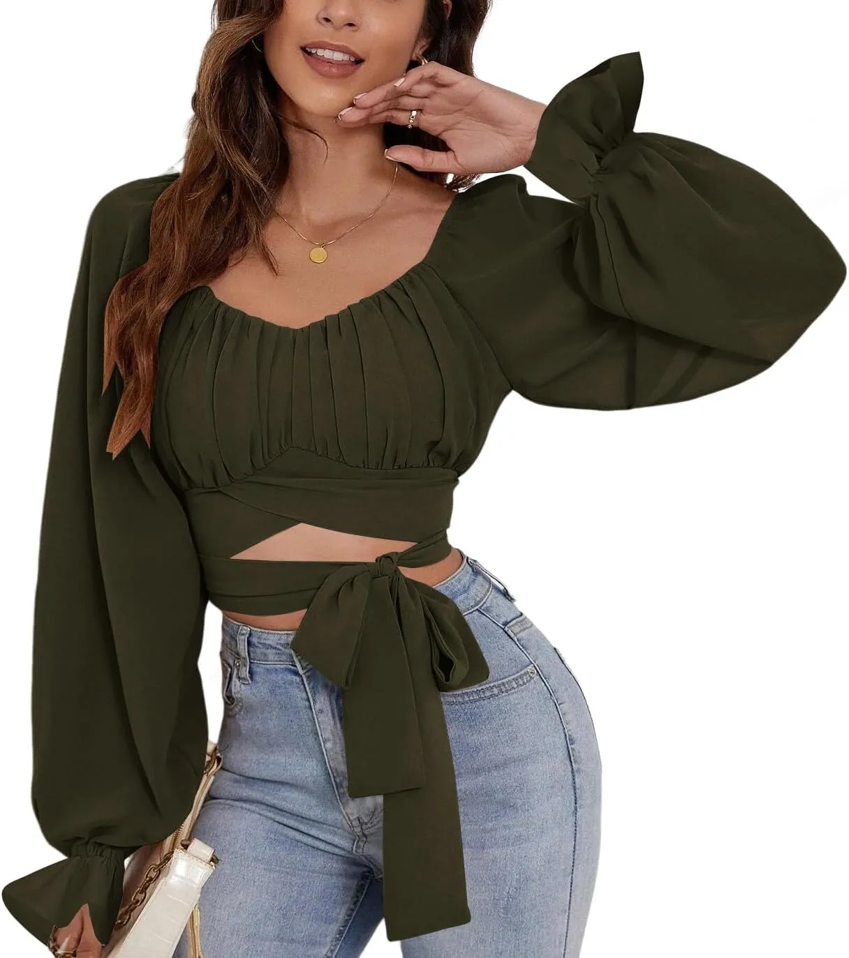 Rooscier Women's Ruched Wrap Square Neck Flounce Long Sleeve Self Tie Crop Top Blouse