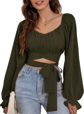 Rooscier Women's Ruched Wrap Square Neck Flounce Long Sleeve Self Tie Crop Top Blouse