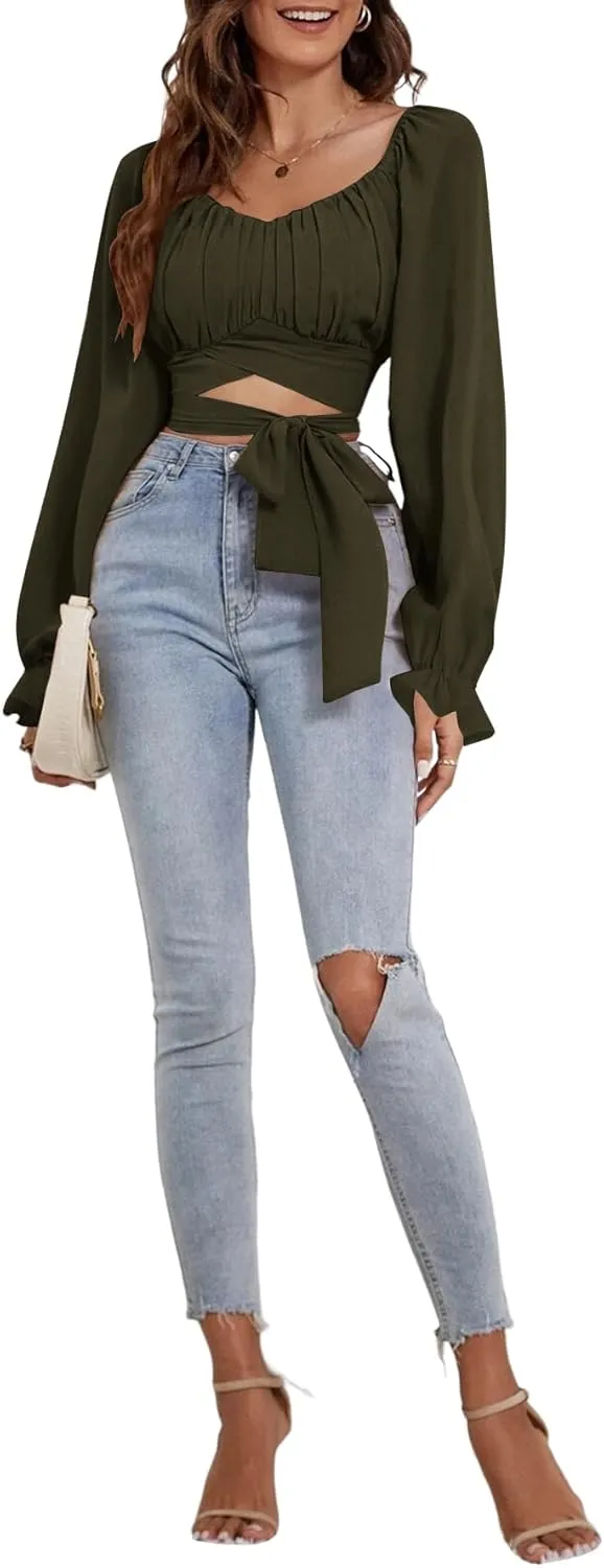 Rooscier Women's Ruched Wrap Square Neck Flounce Long Sleeve Self Tie Crop Top Blouse