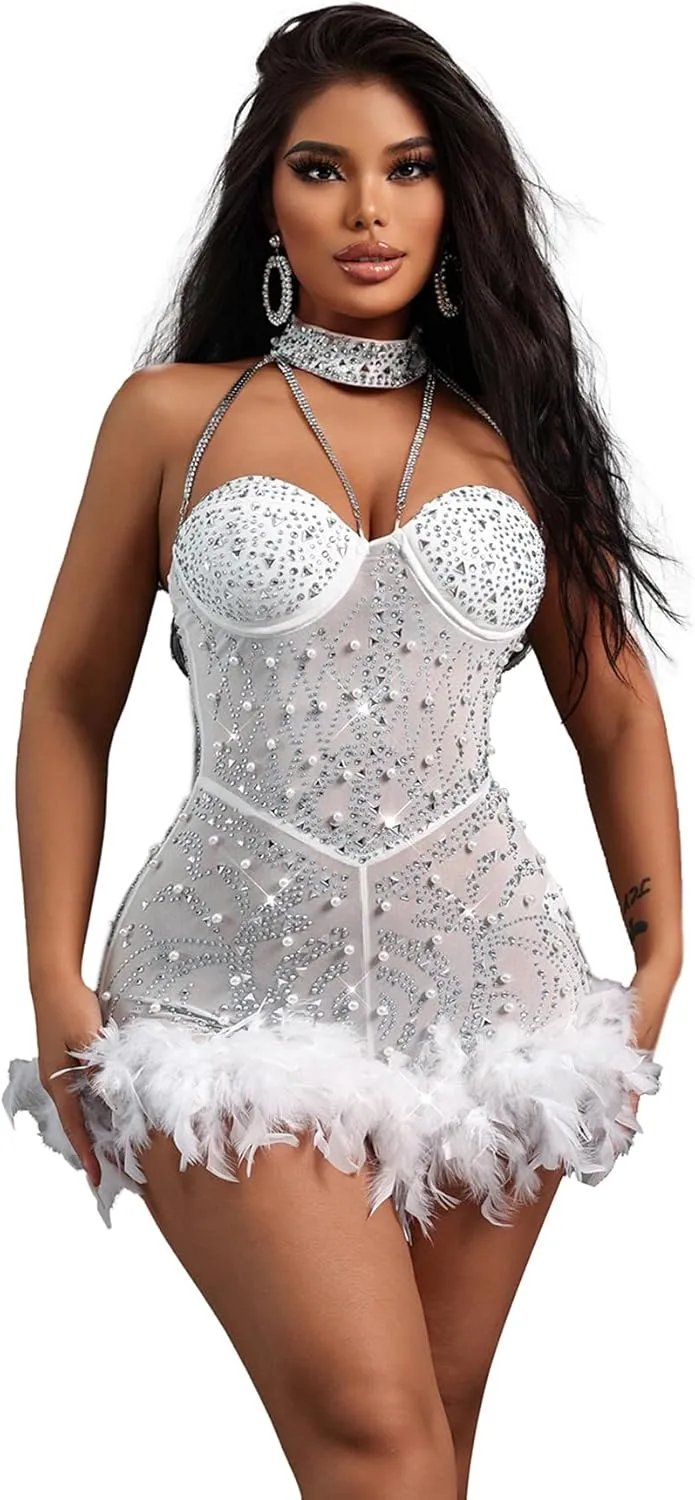 Sexy Feather Rhinestone Backless Mesh Sheer Burlesque Outfit Nightout Clubwear Birthday Party Dress